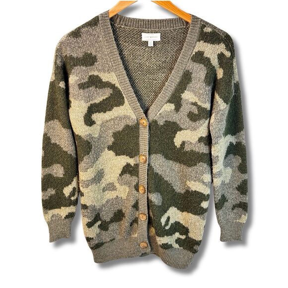 Lucky Brand Wool Blend Camouflage Cardigan Sweater Small Green Button Up Soft - Picture 1 of 11